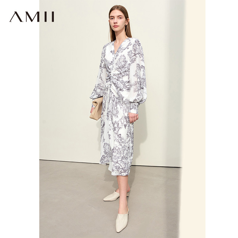 Amii2026秋新款V领抽绳中国风印花雪纺裙连衣裙女灯笼袖仙气裙子