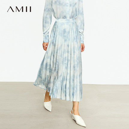 Amii2025夏新款仙气浪漫重工压褶水墨印花半身裙女中长裙子百褶裙