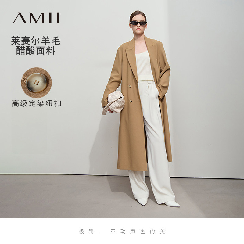 Amii2026秋新款翻驳领双排扣西装式风衣女宽松长款高开叉上衣外套