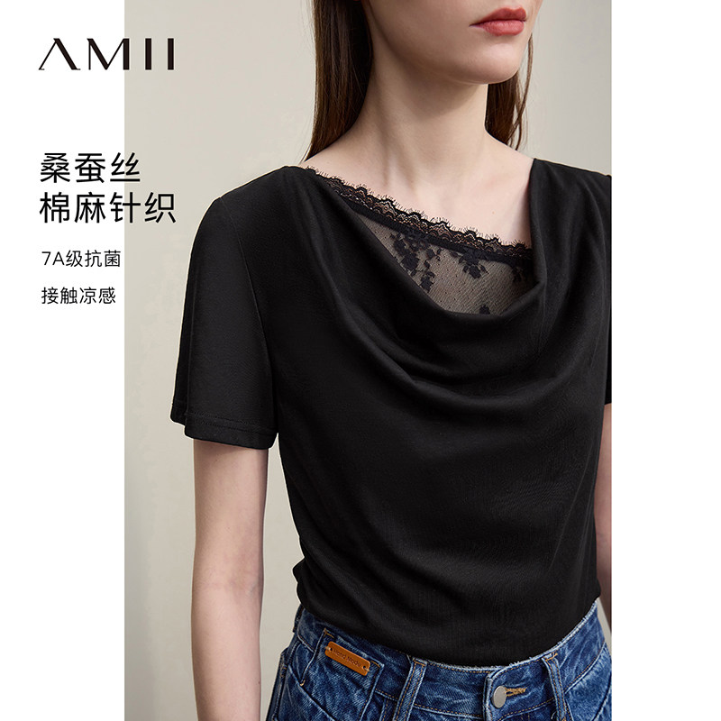 Amii法式优雅睫毛蕾丝拼接荡领短袖T恤女2026夏新款收褶休闲上衣