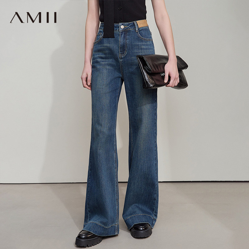 AMII韩版高腰直筒阔腿牛仔裤女式春秋款2025新款显高显瘦休闲长裤