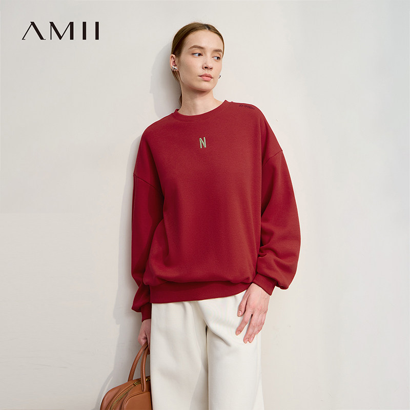 Amii2026冬新款学院风中长宽松落肩袖不倒绒撞色刺绣女款套头卫衣