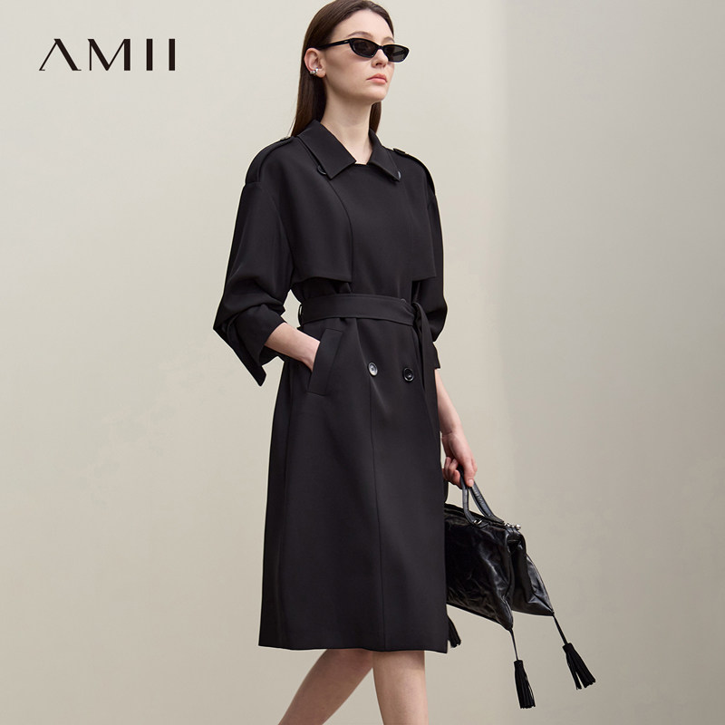 Amii2026春新款飒美通勤风落肩袖系腰带双排扣风衣女宽松垂感上衣
