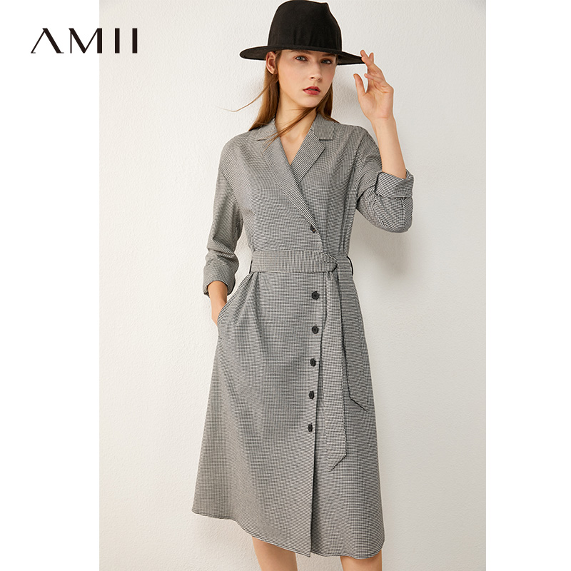3Amii极简轻熟风名媛茶歇裙女2021新款千鸟格纹收腰显瘦西装连衣裙