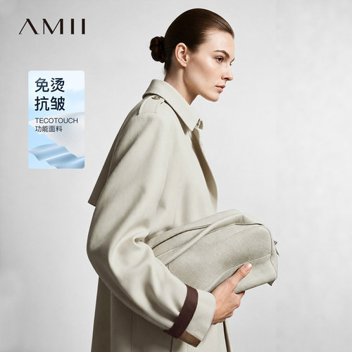 Amii2026秋新款通勤风撞色织带翻领开叉风衣女宽松宽肩中长上衣