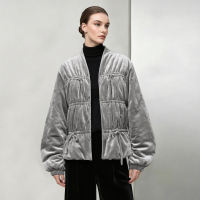 Amii2026冬新款复古通勤风V领橡筋抽褶抽绳丝绒棉衣女弯刀袖上衣 thumbnail 2