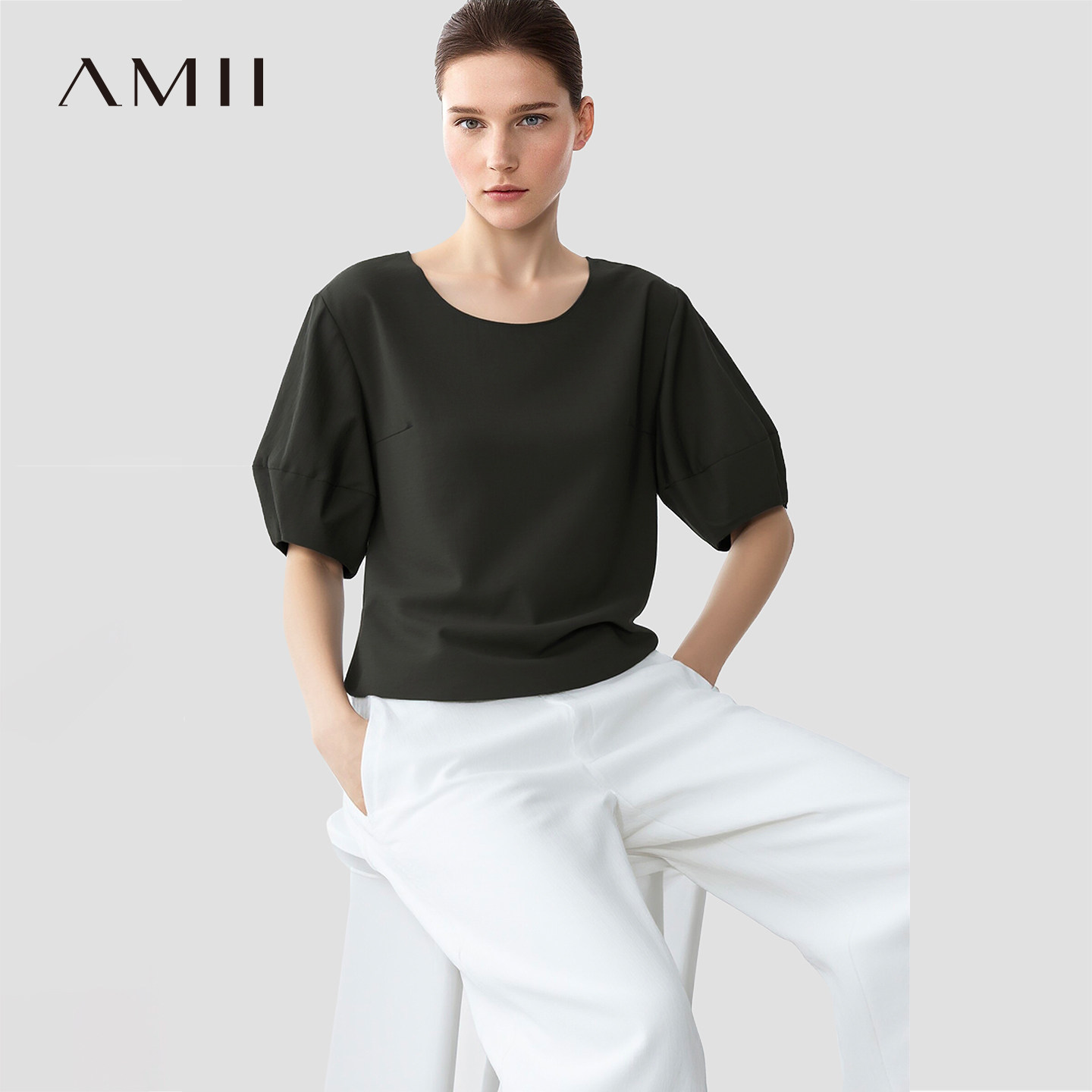 Amii2026夏新款休闲圆领泡芙灯笼袖法式小衫衬衫女宽松棉质上衣