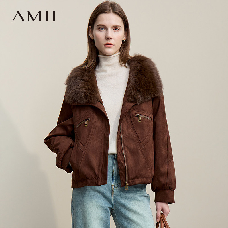 Amii【狐狸毛领】26冬轻奢狐狸毛领麂皮绒保暖夹克羽绒服外套女