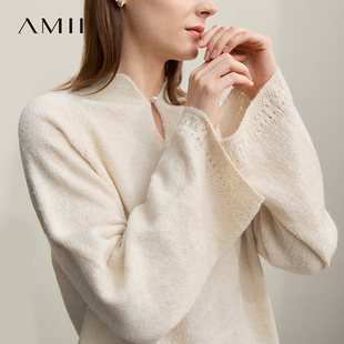 Amii2026春新款新中式国风旗袍领毛针织衫女单边挑孔工艺宽松上衣