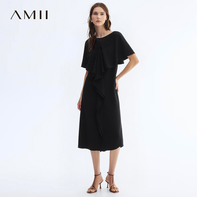 Amii2026夏新款通勤一字领拼接网纱荷叶边雪纺连衣裙女小黑裙子