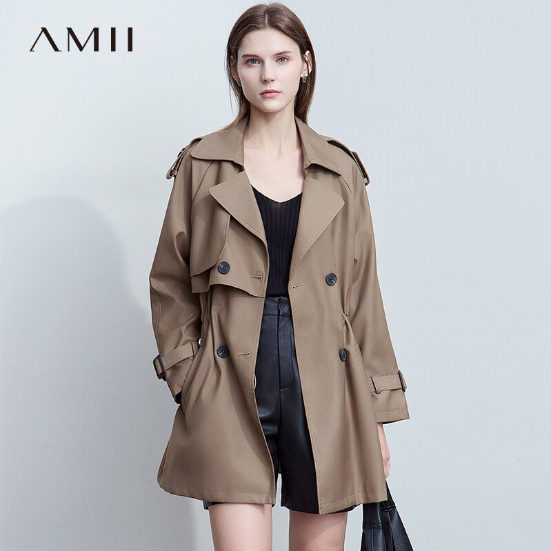 AMII【英伦风】2025春秋英伦风宽松中长配抽绳腰带风衣女外套