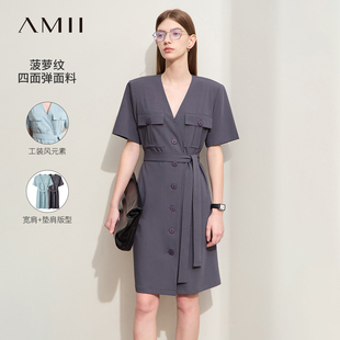 Amii2026夏新款V领工装风配腰带短袖连衣裙女莫兰迪色系宽松裙子
