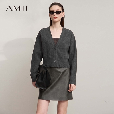 Amii2025秋新款通勤V领剪烂流苏短款毛织开衫女宽松落肩袖上衣