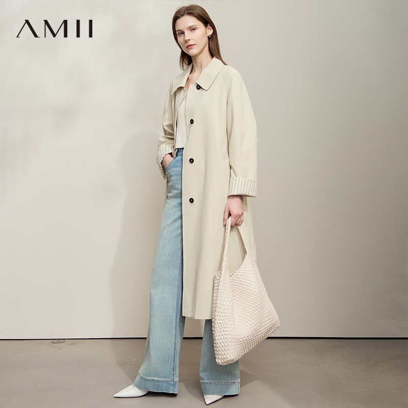 AMII【日系极简风】日系休闲长款袖口撞色风衣外套女高级感风衣