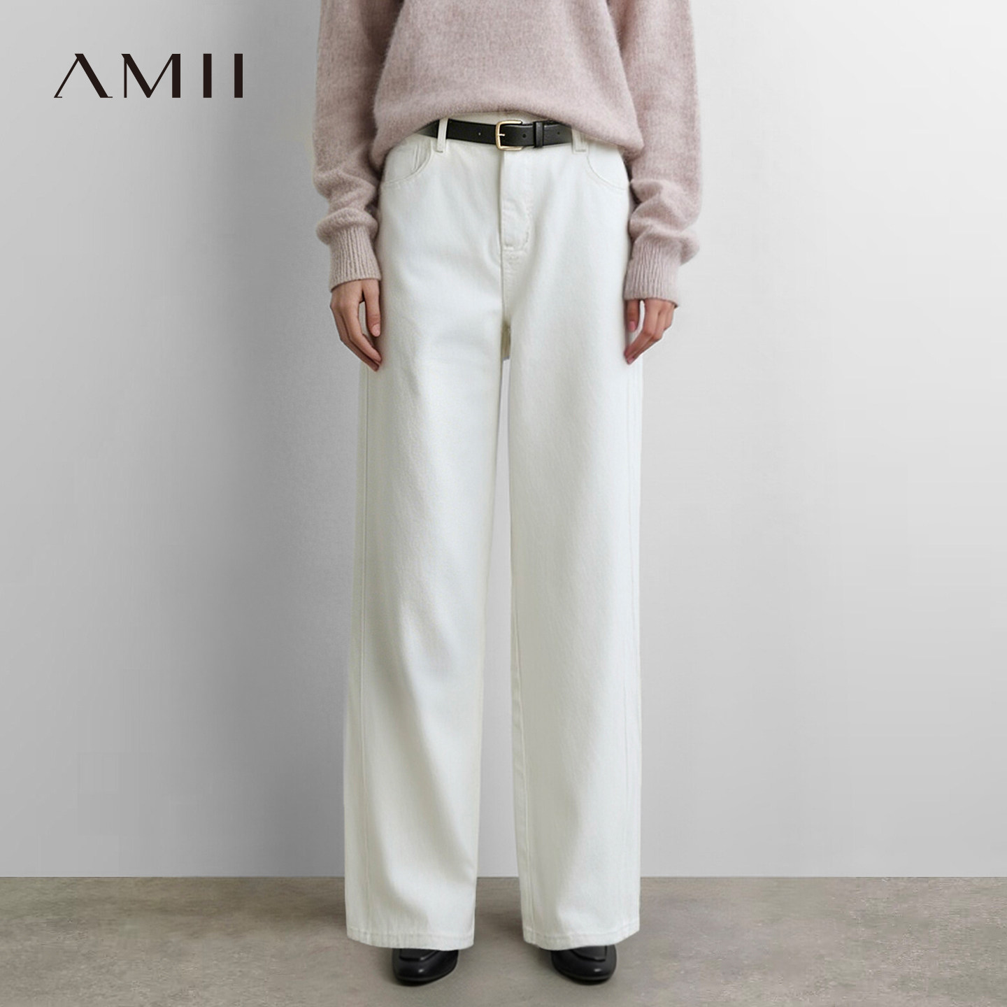 Amii2026秋新款不规则石饰钉珠管牛仔长裤女宽松阔腿裤休闲裤子
