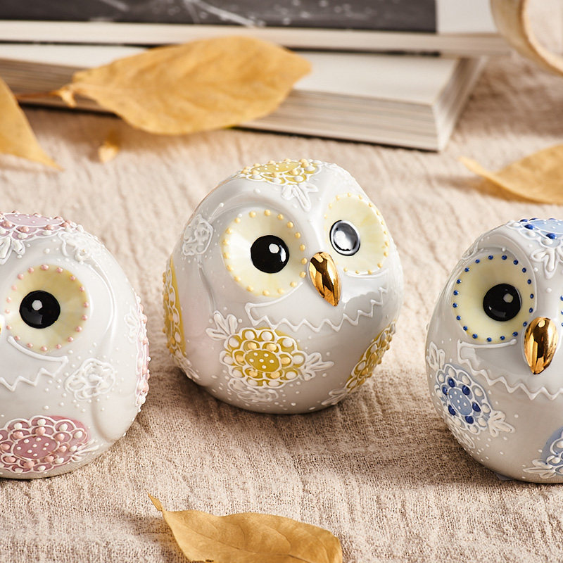 日本进口九谷烧卡通猫头鹰摆件日式陶瓷家具桌面饰品小物件送礼