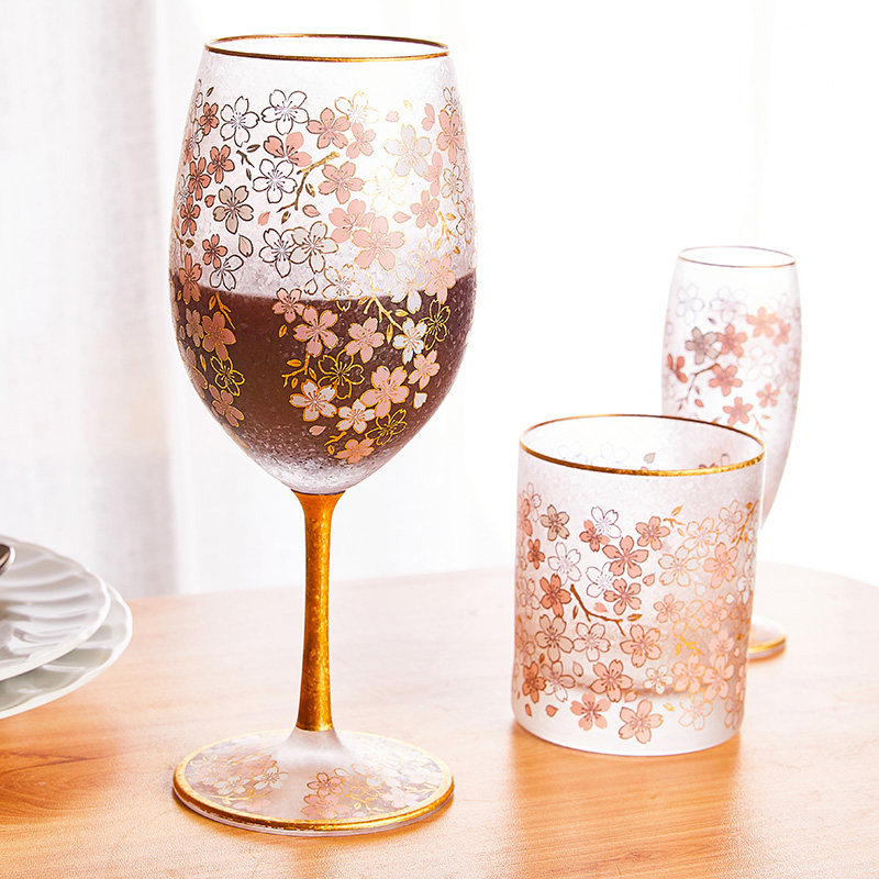 日本进口ADERIA日式樱花朗姆金边清酒杯红酒日月玻璃杯印花水杯子