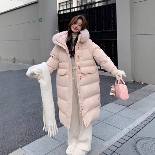 加厚狐狸大毛领面包 韩版 20252025新款 白鸭绒羽绒服女牛角扣长款