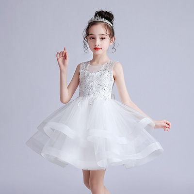 少儿高端主持人礼服女童轻奢高级感公主风白粉色蓬蓬裙子短款表演