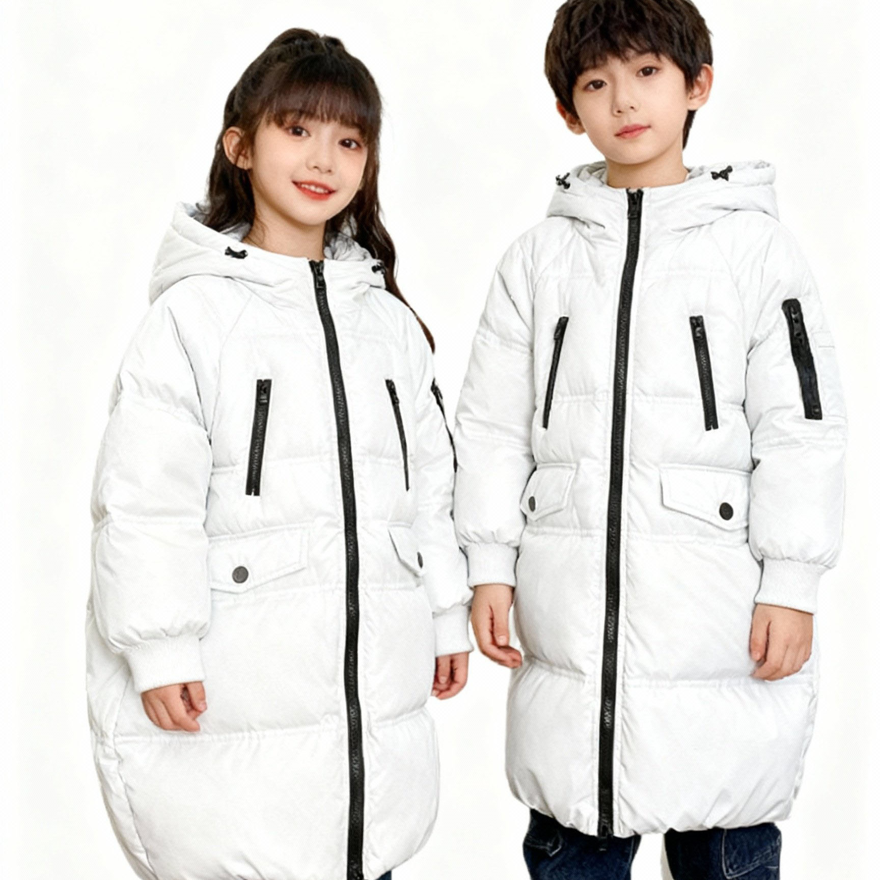 男女童浅白色长款厚羽绒服