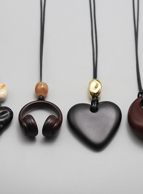 复古简约木爱心圆环吊坠项链中长款民族风毛衣链搭衣服挂脖配饰