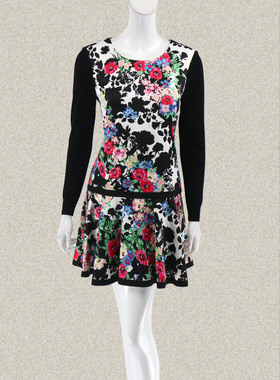 新!爱珂菲yidian 正品 针梭拼甜美印花轻熟女春秋连衣裙 DF35383Y