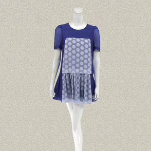 低腰减龄连衣裙 卡VON 短款 清新蓝色圆点烂花拼色女夏季 0050 清仓