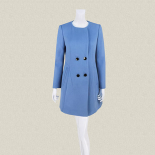 圆领双排扣清新浅蓝简约女春秋冬羊毛呢大衣 正品 8003 爱 Double
