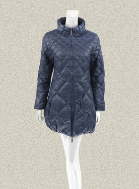 法路INA 正品 菱形格压线修身深蓝女冬白鸭绒中长羽绒服FMDY0763