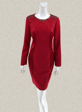 爱珂菲EAACPP 精致珠钻荷叶边饰红色女春秋连衣裙EE35009/EF45052