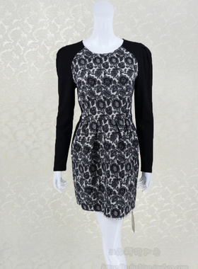 新年价!蕾DOW 提花拼针织修身百搭女春秋羊毛薄呢连衣裙R4WB84006