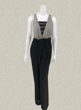 裘TN 正品 雅致条纹拼色高个女夏季无袖连身裤阔腿连体长裤21036N