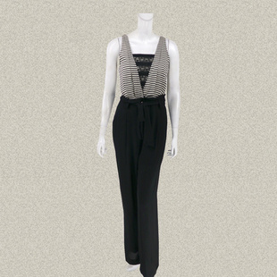 正品 阔腿连体长裤 雅致条纹拼色高个女夏季 连身裤 21036N 无袖 裘TN
