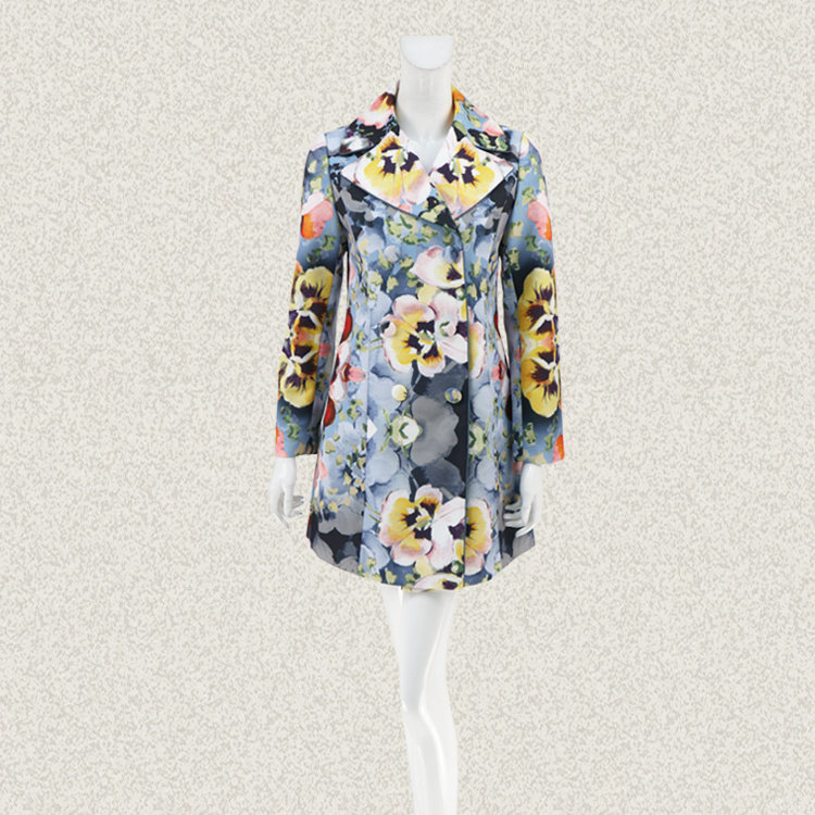 新! 邦BUOU 正品 双排扣甜美大花修身女秋冬风衣长外套  C020