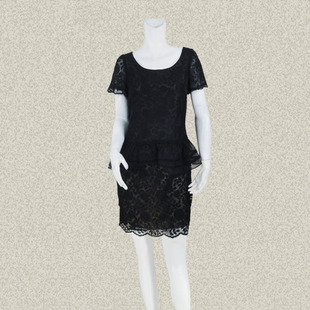 黑色女夏镂空绣花桑蚕丝拼接假两件蕾丝连衣裙 正品 LC102 fon