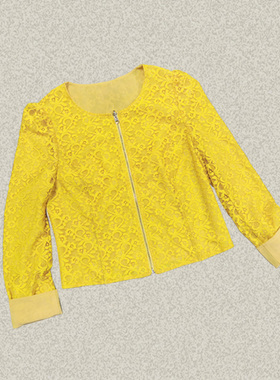 丝fu卡 正品 蕾丝拼接黄色女春秋两面穿弹力针织拉链短外套330130
