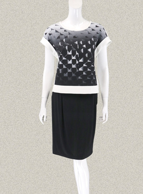 新!奈CO 正品 雅致印花圆领连肩袖针梭拼女夏弹力上衣5F462000