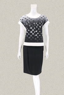 新!奈CO 正品 雅致印花圆领连肩袖针梭拼女夏弹力上衣5F462000