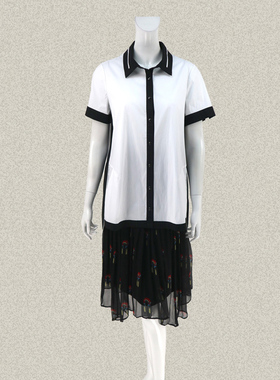 裘TN 正品 黑白拼色宽松腰藏肉女夏秋棉弹力衬衫宽松上衣542220A