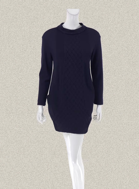 玛K曼CO 正品提花拼接雅致深蓝女春秋冬羊毛茧形针织连衣裙 25347