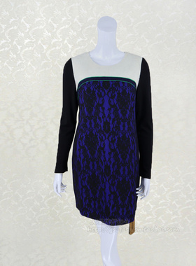 新!蕾DOW 羊毛毛呢底复合蕾丝拼色显瘦女秋冬连衣裙L4WC14112