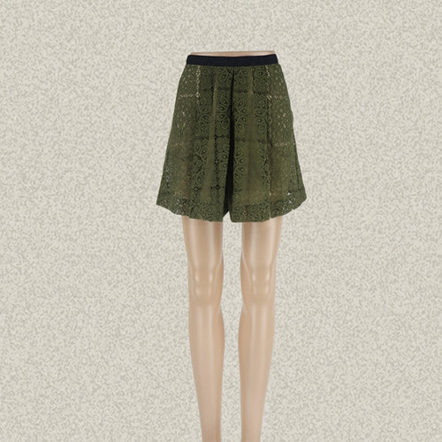 新!JH风 正品 镂空提花阔腿裤军绿色减龄百搭女夏季短裤裙裤KI954