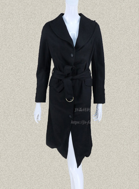 品牌清仓 枪驳领黑色束腰女春秋冬羊毛针织薄呢中长外套VW51212