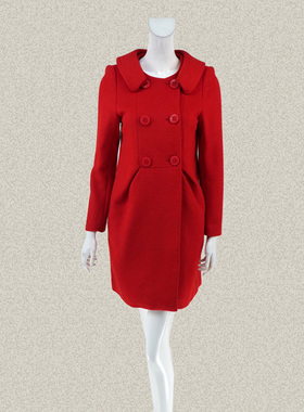 尚MORE 正品 双排扣甜美红色女秋冬春学院风减龄羊毛呢大衣 QD025