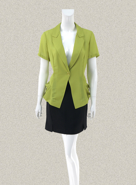 新!蕾DOW 正品翻领一粒扣清新绿色女夏修身OL通勤外套 L4PB11025