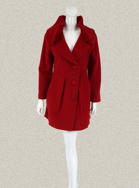 新!蕾DOW 正品 褶皱领布包扣甜美红色女秋冬羊毛呢大衣L12CB17016