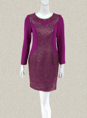 新!爱珂菲EAACPP 正品 亮丝提花精美钉珠镶钻女春秋连衣裙EE35084