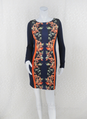 超值年货价!蕾DOW 印花拼色修身女冬春羊毛针织连衣裙R4AB84015