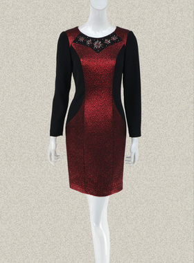 新!爱珂菲EAACPP亮丝提花珠钻拼色女春秋修身连衣裙EE35060/35055