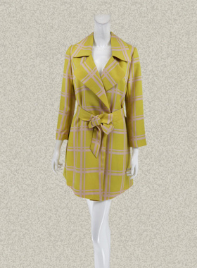 JH风 正品 清新黄色格子腰带后开叉大码女春秋风衣中长外套 FA614
